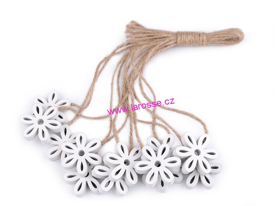 Dřevěný květ  s provázkem - bílý